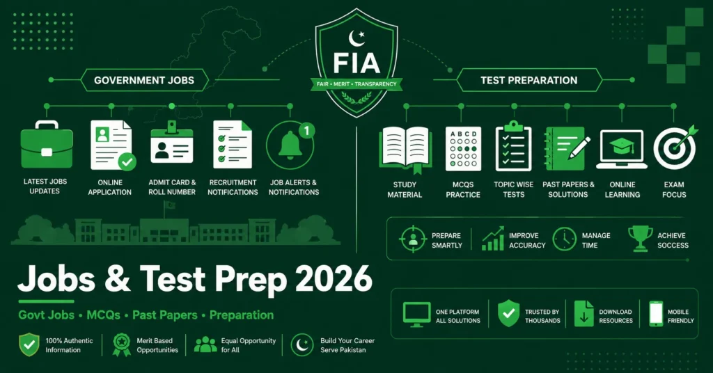 Pakistan government jobs test preparation guide FIA MCQs syllabus past papers apply online